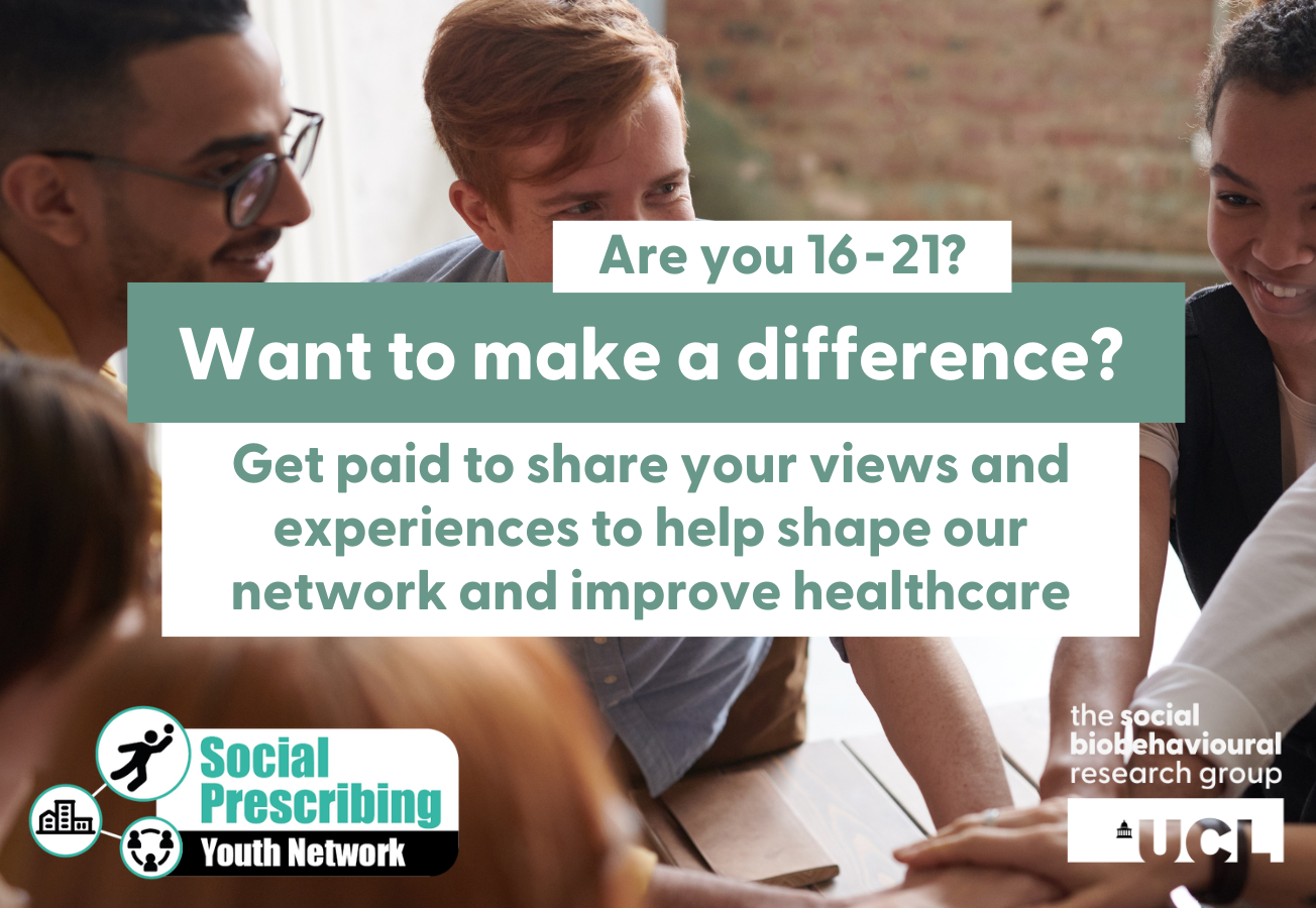 A photo shows several young people seated around a table smiling. Text overlayed in white and teal reads: "Are you 16-21? Want to make a difference? Get paid to share your views and experiences to help shape our network and improve healthcare". The UCL, SBB and SPYN logos are placed underneath.