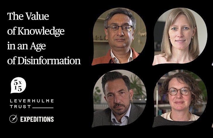 A graphic has the title "the value of knowledge in an age of disinformation" alongside the faces of four speakers.
