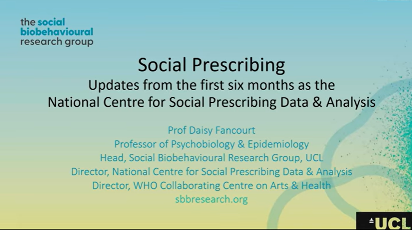 A video thumbnail showing a presentation titled: "Social Prescribing - Updates from the first six months as the National Centre for Social Prescribing Data & Analysis"