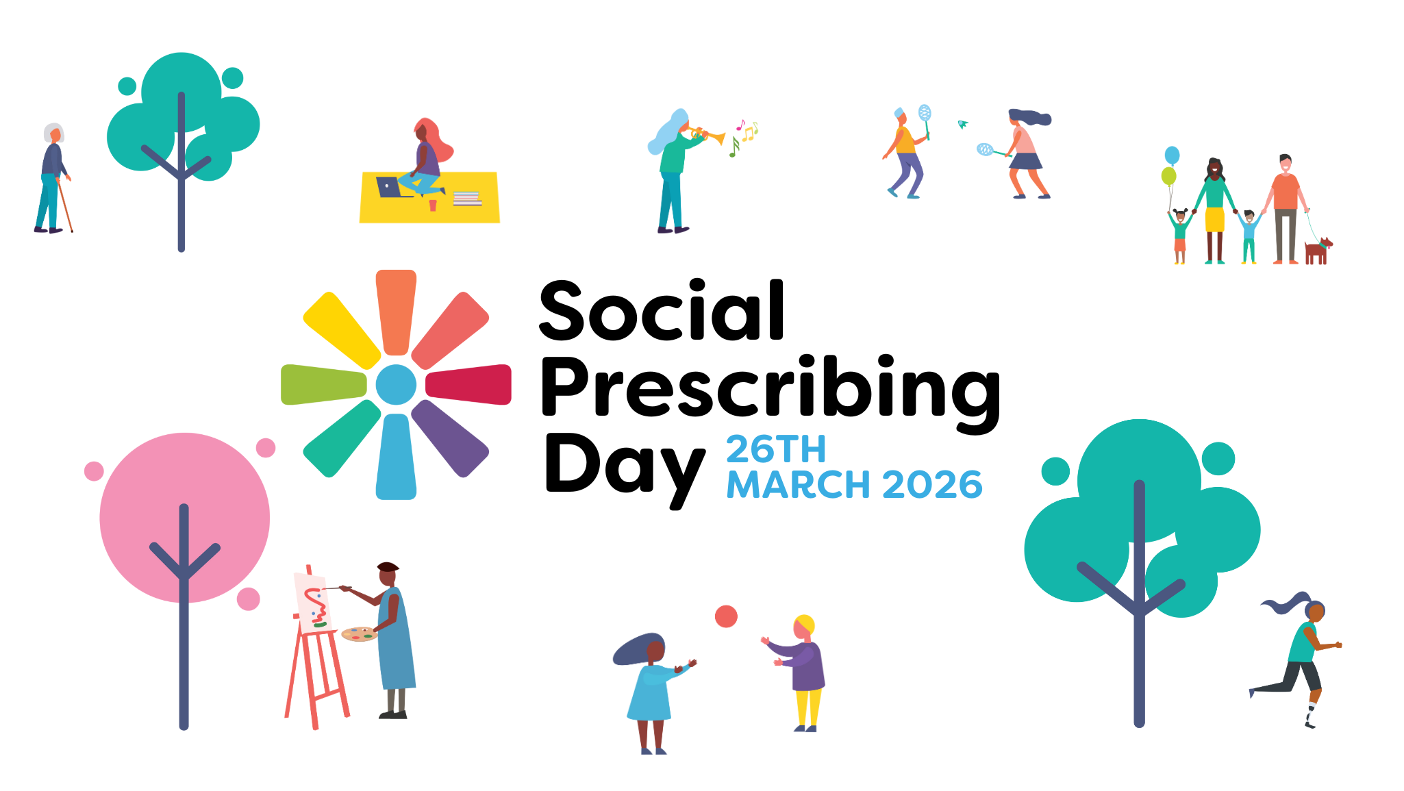 A graphic with the text "Social Prescribing Day - 26th March 2026", surrounded by colourful pictures of people doing different activities.