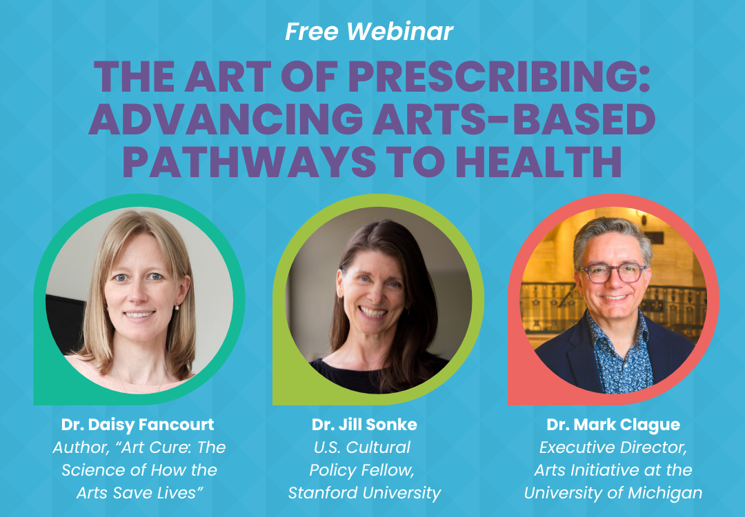 A blue graphic advertises a webinar about the Art of Prescribing, with photos of three speakers.