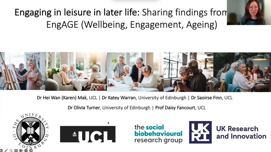 A preview of a speaker and presentation, titled "Engaging in leisure in later life".