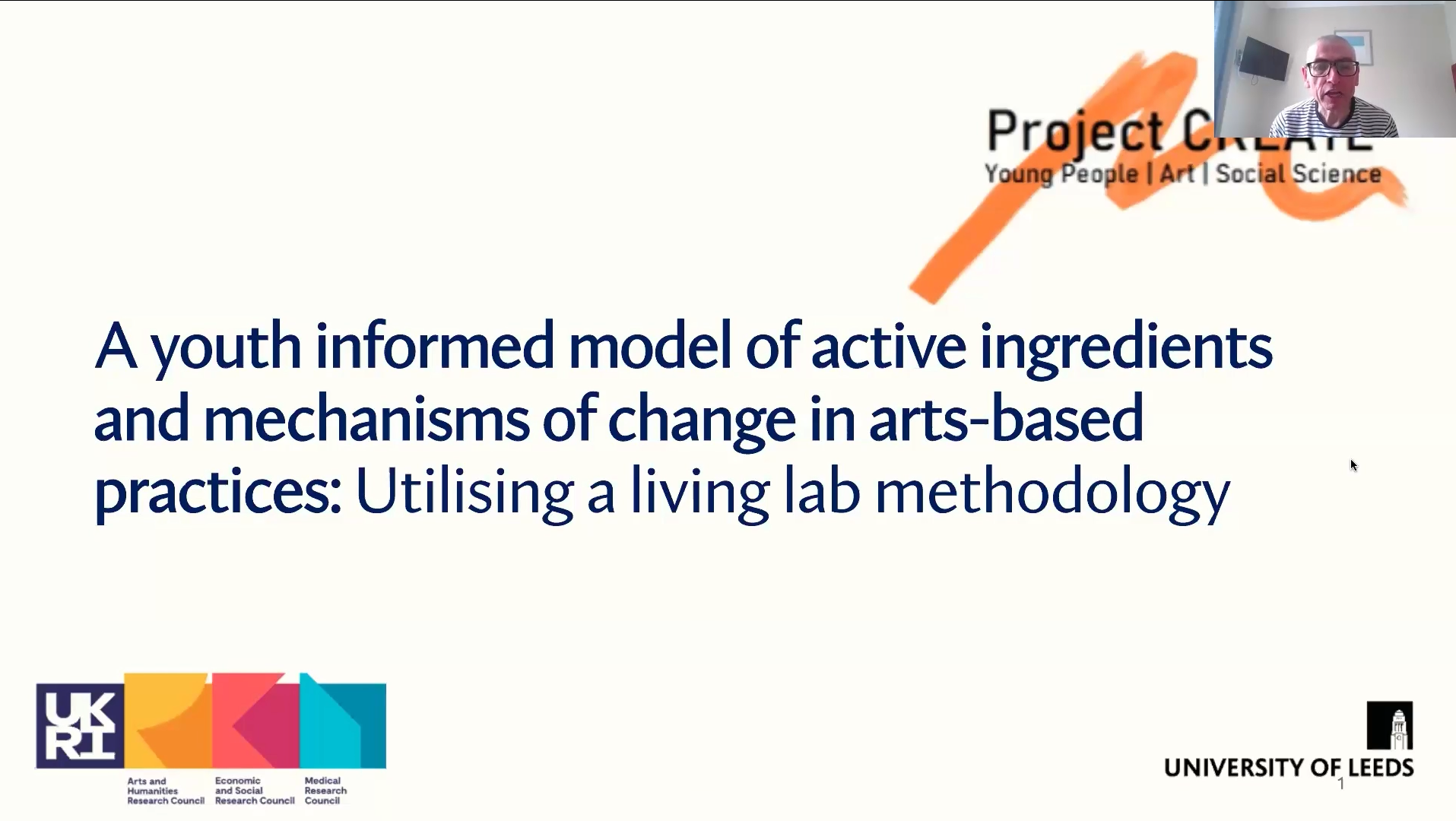 The opening presentation slide from the fifth GRACE-Epi webinar. Text reads "A youth informed model of active ingredients and mechanisms of change in arts-based practices: Utilising a living lab methodology."