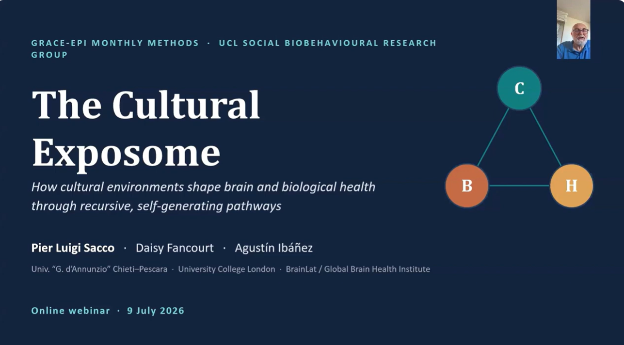The opening presentation slide from the sixthGRACE-Epi webinar. Text reads "The Cultural Exosome".