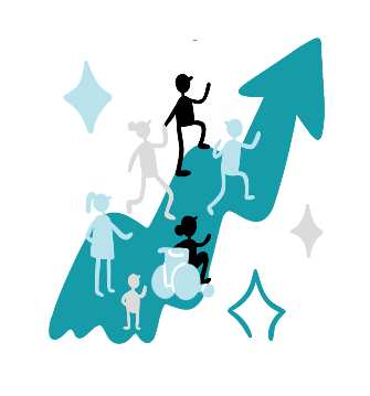 An illustration of a blue arrow with people marching forwards. 