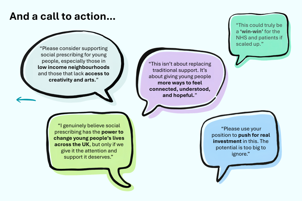Quotes appear in bubbles, sharing thoughts on the topic "And a call to action…"