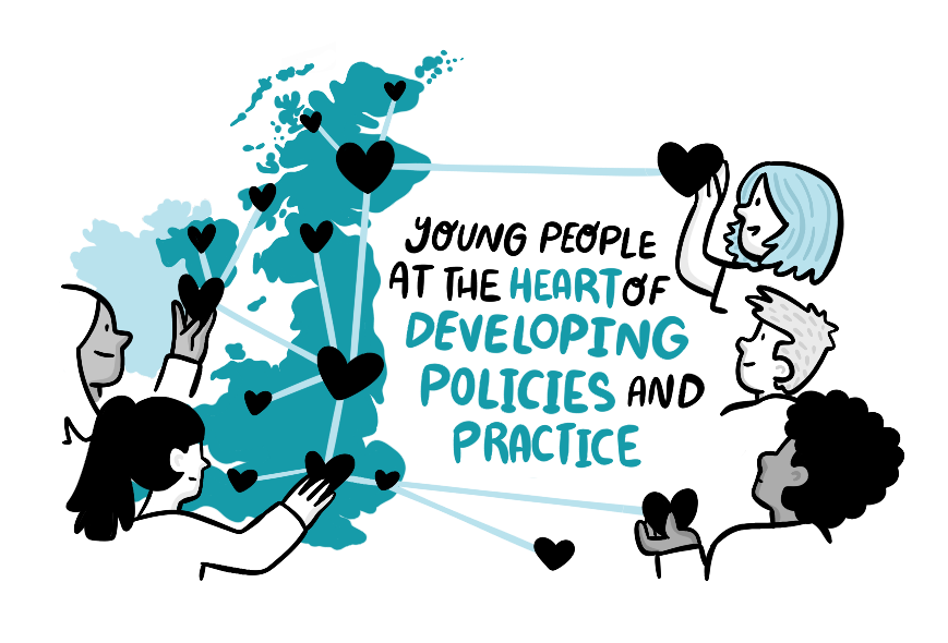 A blue illustration shows a map of the UK connected with people and hearts. Text reads: "young people at the heart of developing policies and practice".