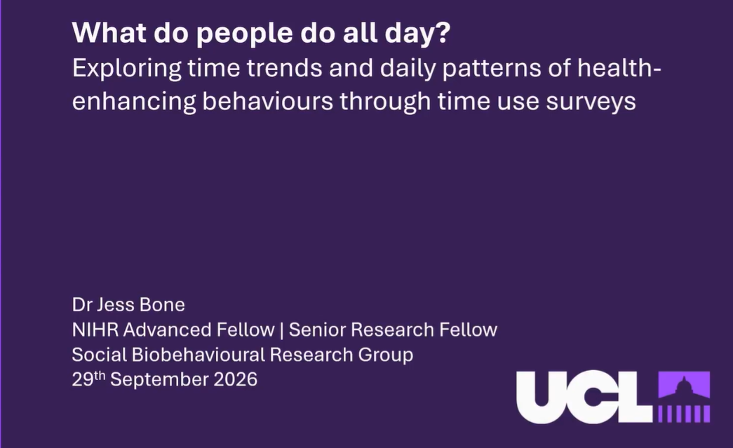 Screenshot from Dr Jess Bone's presentation What do people do all day? Exploring time trends and daily patterns of health-enhancing behaviours through time use surveys.